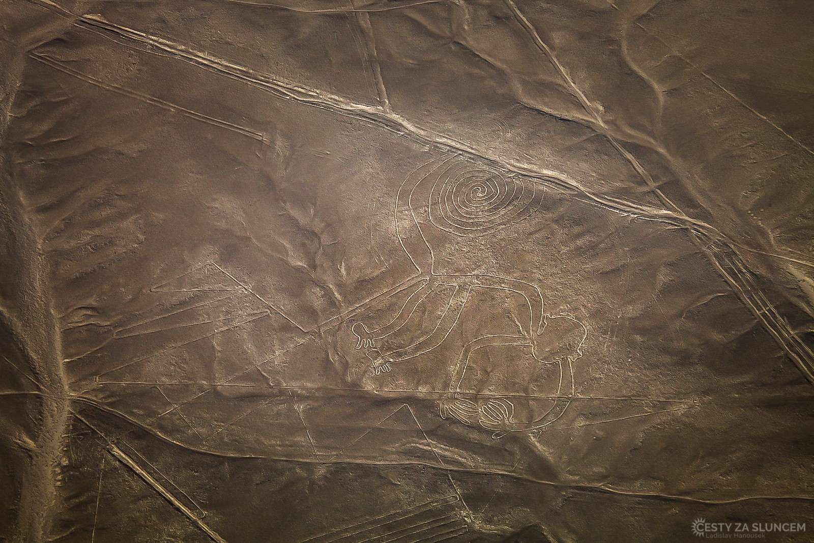 Planina Nazca - opice vysoká mnoho metrů. Hory nejsou v okolí planiny tak vysoké, aby z nich geoglyfy byly viditelné. - Ladislav Hanousek, Peru