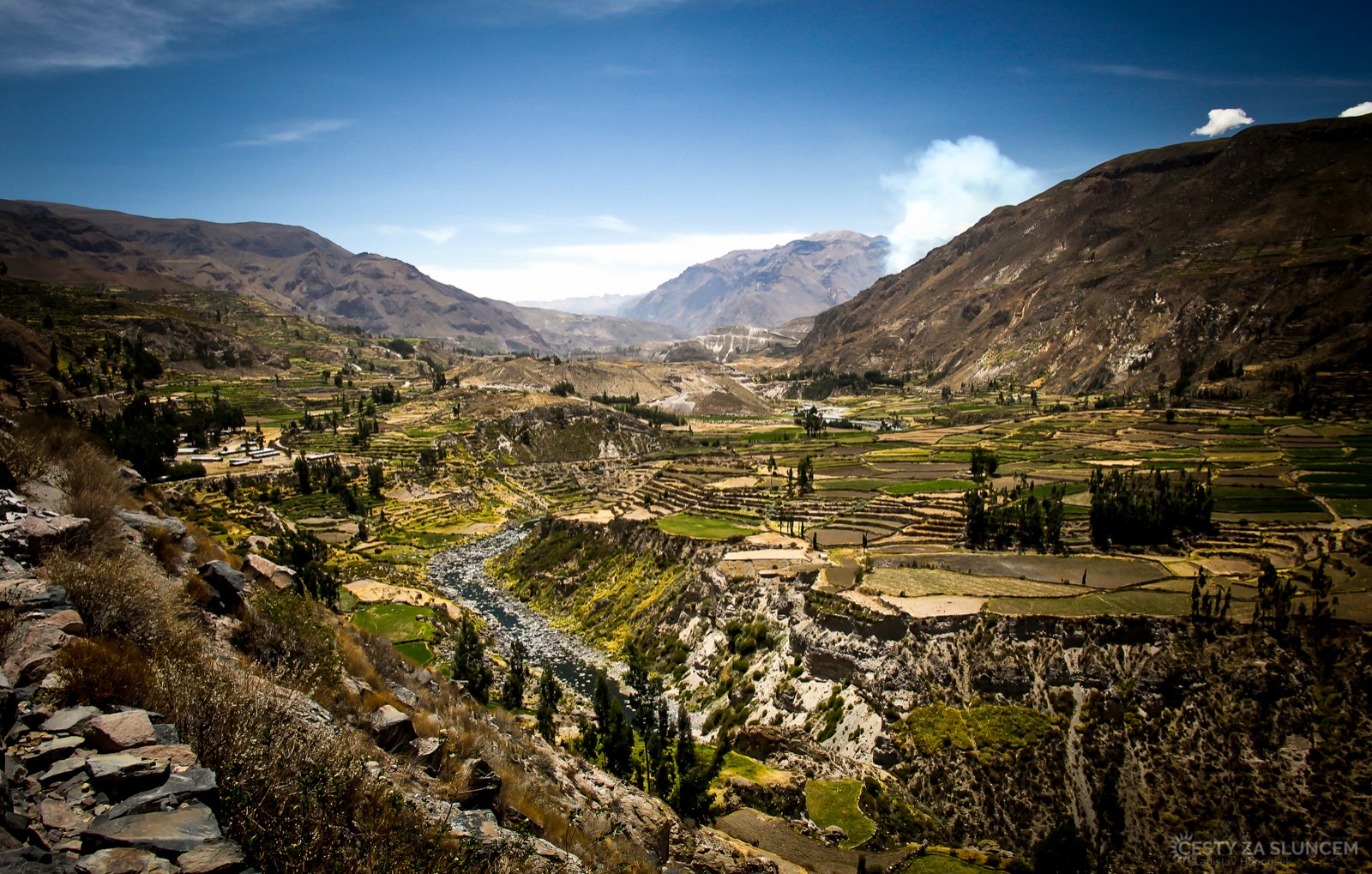 V Cañon del Colca je mnoho typických stupňovitých poliček tolik typických pro Peru. - Ladislav Hanousek, Peru